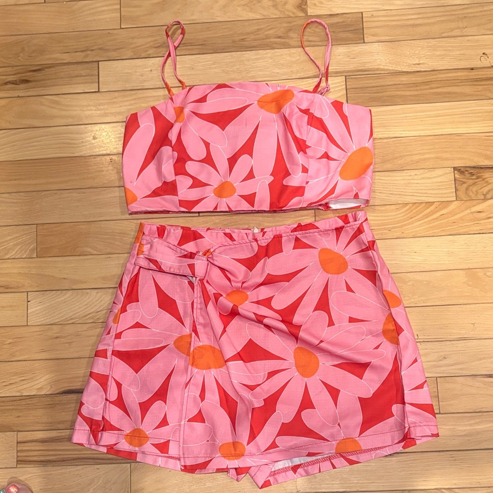 Cider - Pink,Orange, and Red Floral Two-Piece Set